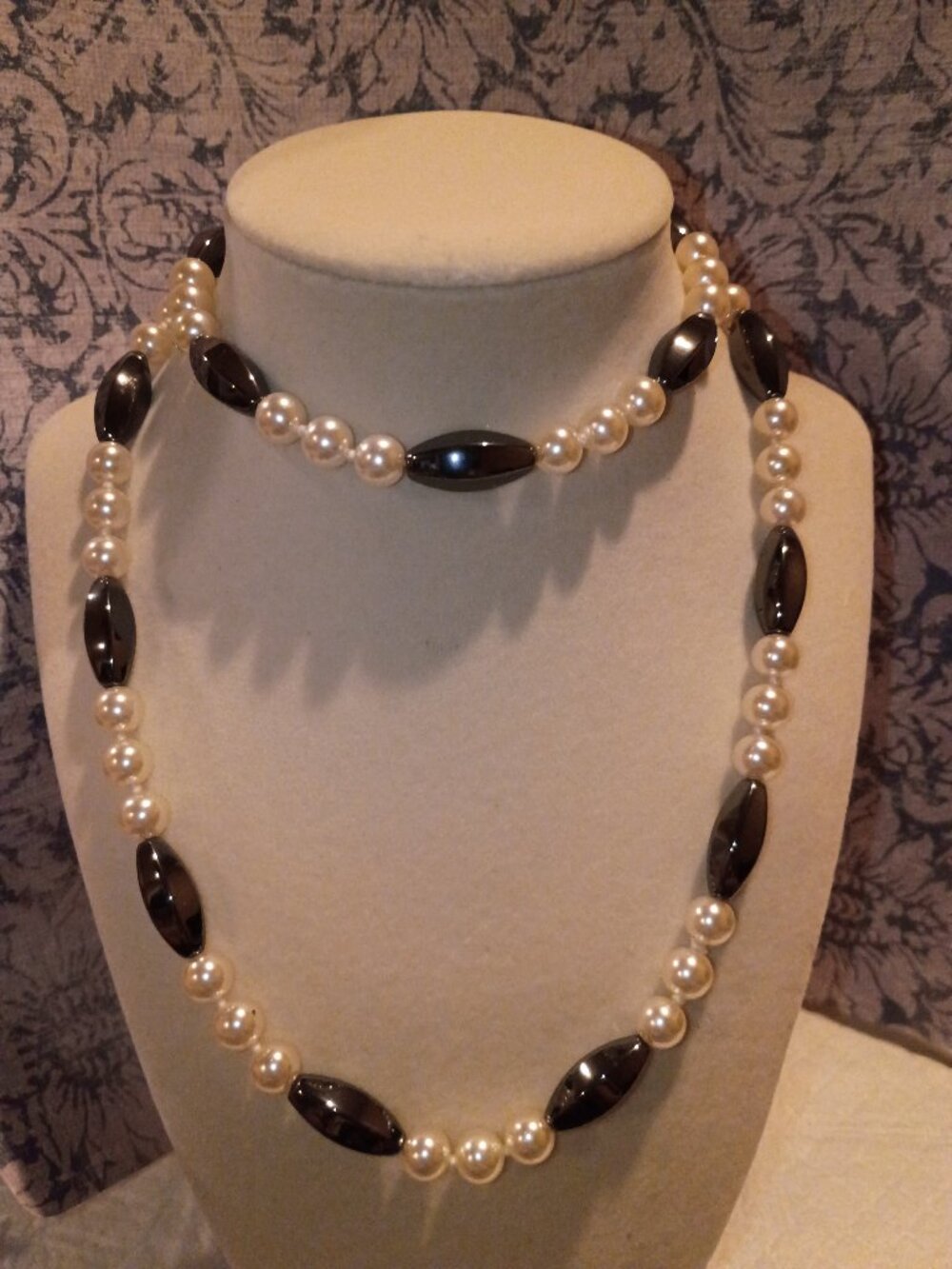 Vintage Hematite & Pearl Necklace Long Statement Jewelry Hand Knotted